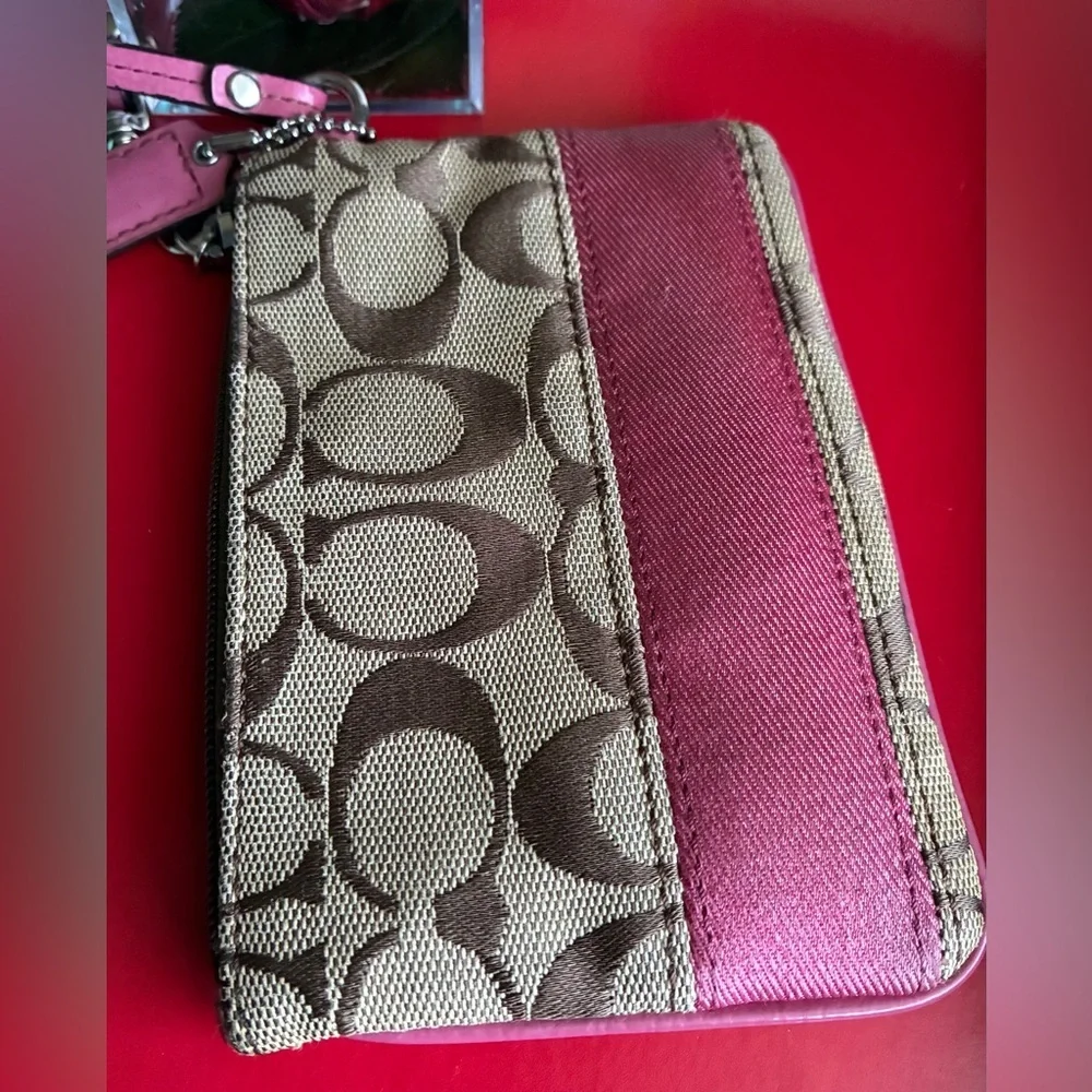 Coach Pink & Brown Signature Wristlet Case